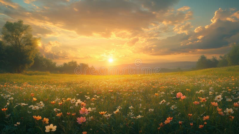 Peaceful meadow with wildflowers representing natural financial cycles